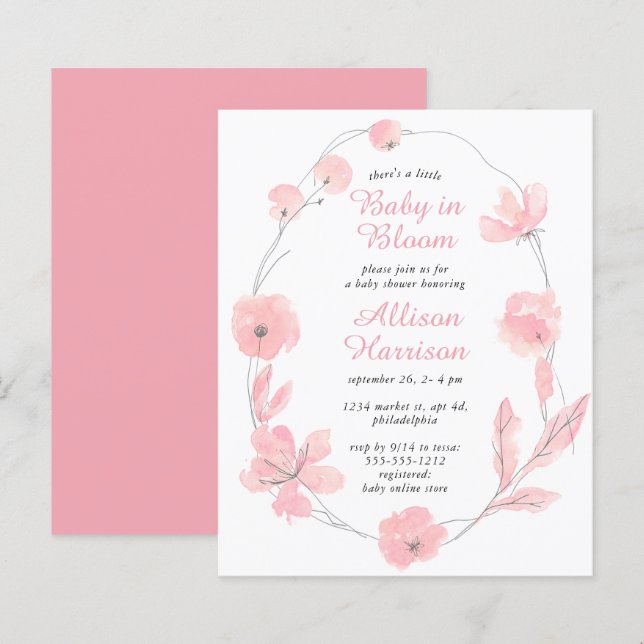 Baby in Bloom Pink Floral Budget Shower Invitation (Front/Back)