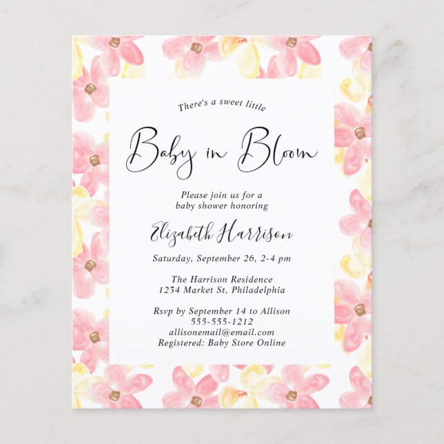 Baby in Bloom Pink Floral Budget Shower Invitation (Front)