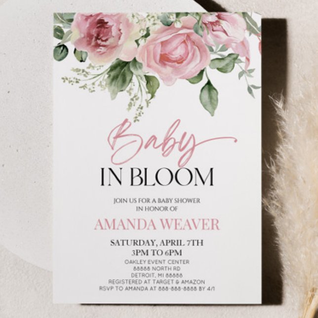 Baby In Bloom Pink Floral Flower Baby Shower Invitation (Creator Uploaded)
