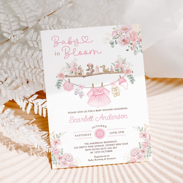 Baby in Bloom Pink Floral Girl Baby Clothes Shower Invitation (Creator Uploaded)