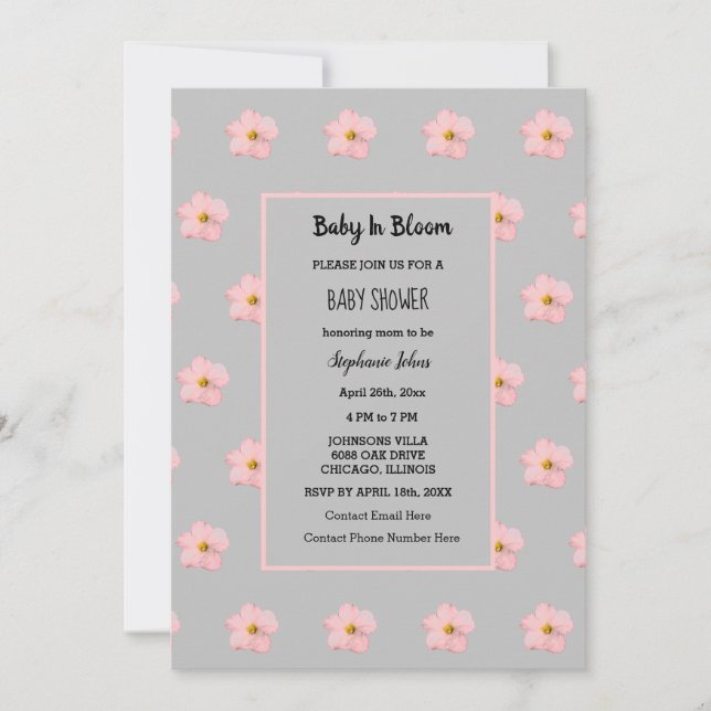 Baby In Bloom Pink Floral Girl Baby Shower Grey Invitation (Front)