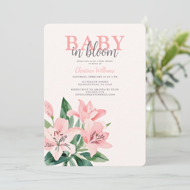 Baby in Bloom Pink Floral Girl Baby Shower Invitation (Standing Front)