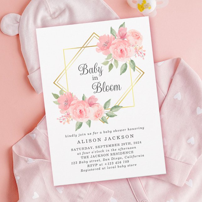 Baby in Bloom Pink Floral Gold Frame Baby Shower Invitation (Baby in bloom baby shower invitation)