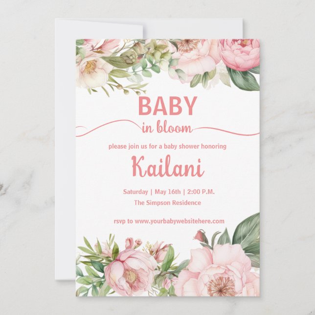 Baby In Bloom pink floral Invitation (Front)