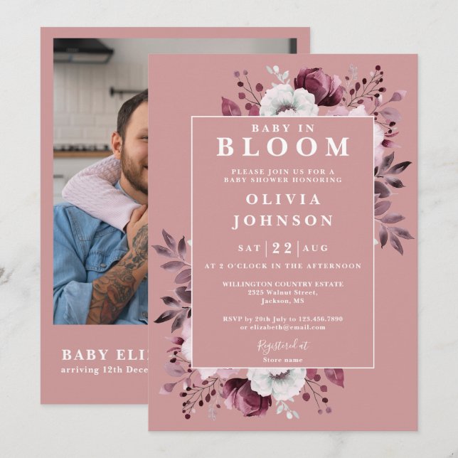 Baby In Bloom Pink Floral Photo QR Baby Shower Invitation (Front/Back)