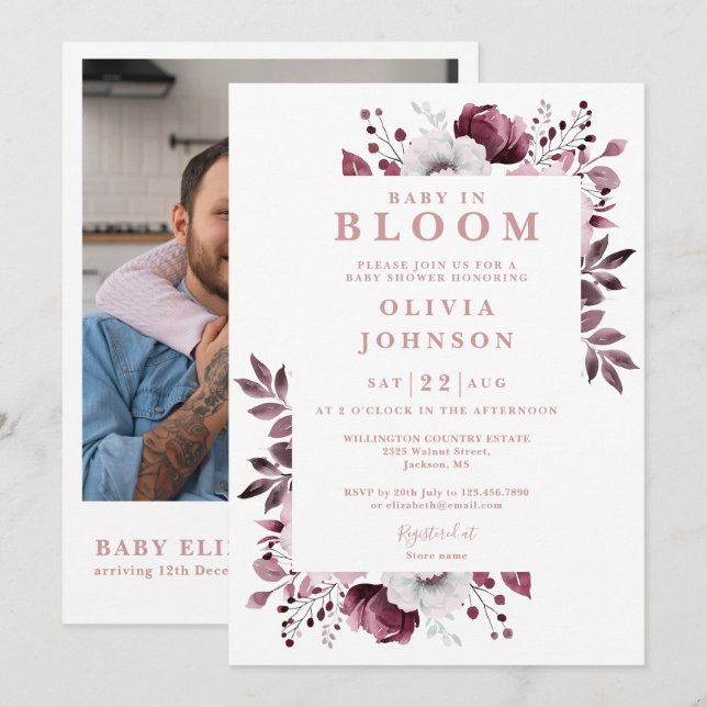 Baby In Bloom Pink Floral Photo QR Baby Shower Invitation (Front/Back)