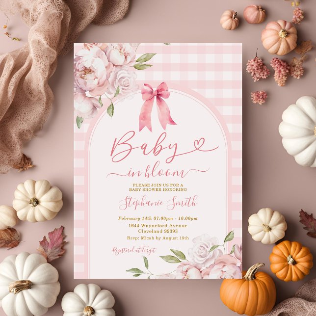 Baby in Bloom Pink Gingham Floral Cute Baby Shower Invitation (Creator Uploaded)
