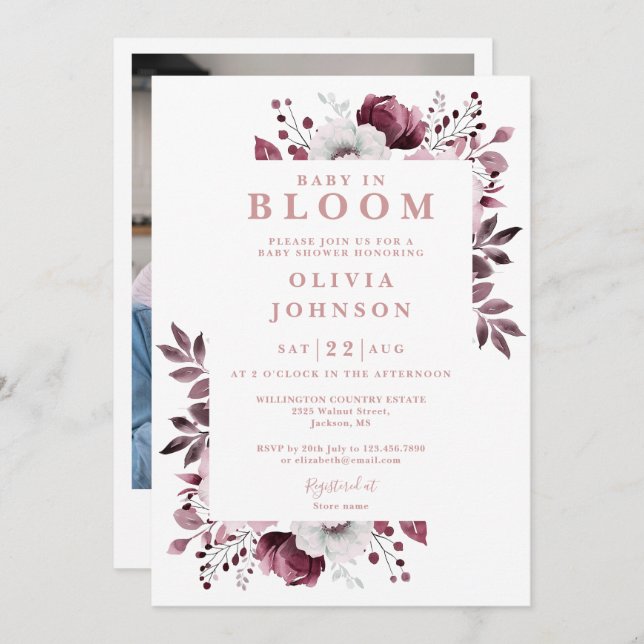 Baby In Bloom Pink Girl Floral Photo Baby Shower Invitation (Front/Back)
