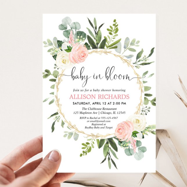Baby in bloom pink gold greenery girl baby shower invitation (Creator Uploaded)