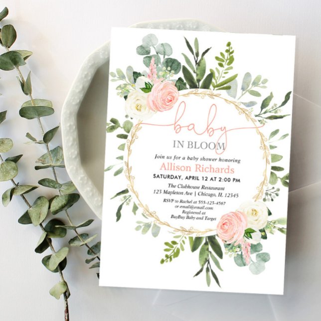 Baby in bloom pink gold greenery girl baby shower  invitation (Creator Uploaded)