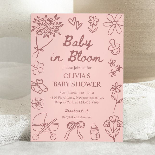 Baby in Bloom Pink Hand Drawn Girl Baby Shower Invitation (Creator Uploaded)