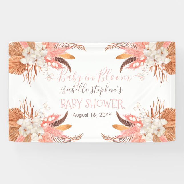 Baby in Bloom Pink Pampas Grass Boho Baby Shower Banner (Horizontal)