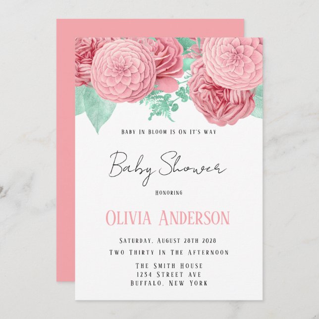 Baby in Bloom Pink Peony Baby Shower  Invitation (Front/Back)