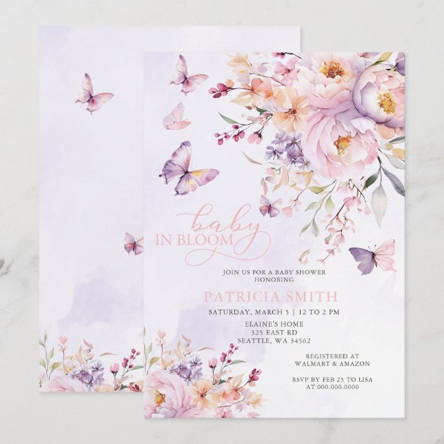 Baby in Bloom Pink Purple Butterflies Baby Shower Invitation (Front/Back)