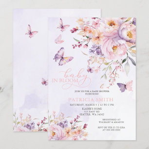 Baby in Bloom Pink Purple Butterflies Baby Shower Invitation