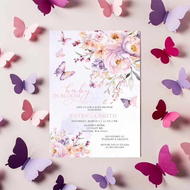 Baby in Bloom Pink Purple Butterflies Baby Shower Invitation (Baby in Bloom Pink Purple Butterflies Baby Shower Invitation)