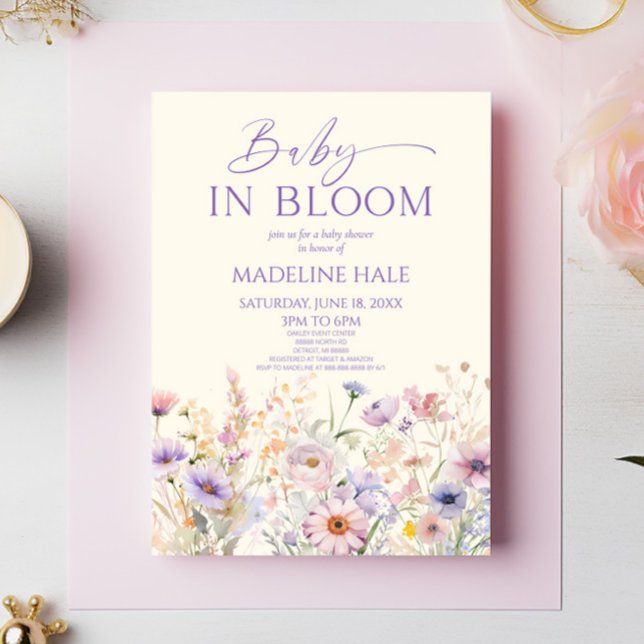 Baby In Bloom Pink Purple Wildflower Baby Shower Invitation (Creator Uploaded)