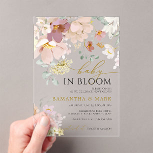 Baby in Bloom Pink & Red Wildflowers Shower Acrylic Invitations