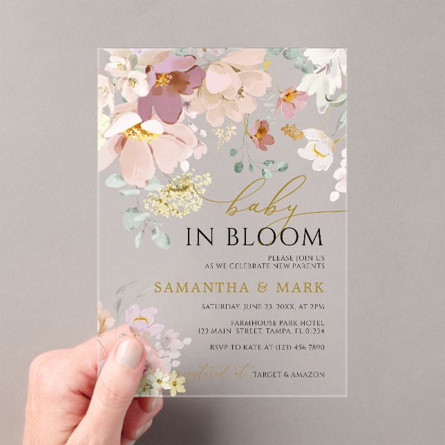 Baby in Bloom Pink & Red Wildflowers Shower Acrylic Invitations (Insitu (Handheld))