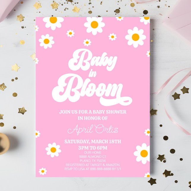 Baby In Bloom Pink Retro Daisy Flower Baby Shower Invitation (Creator Uploaded)