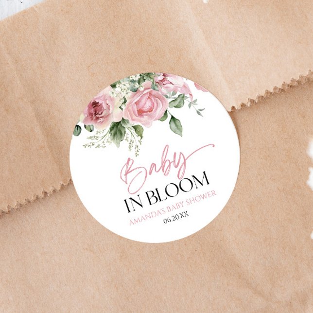 Baby In Bloom Pink Rose Floral Baby Shower Classic Round Sticker (Creator Uploaded)