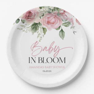 Baby In Bloom Pink Rose Floral Baby Shower Paper Plate
