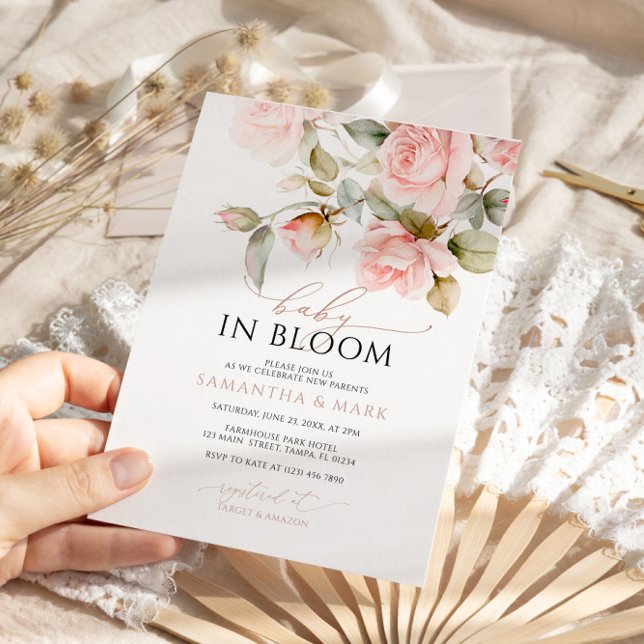 Baby in Bloom Pink Rose & Greenery Baby Shower  Invitation (Creator Uploaded)