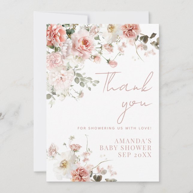 Baby in Bloom Pink Roses Floral Girl Baby Shower  Thank You Card (Front)