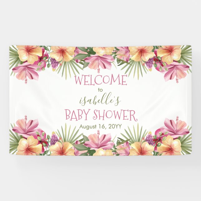 Baby in Bloom Pink Tropical Floral Baby Shower  Banner (Horizontal)