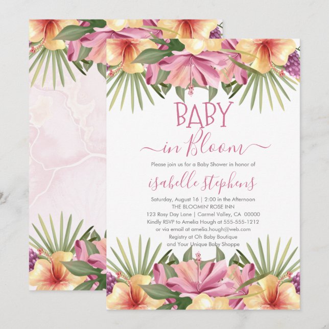 Baby in Bloom Pink Tropical Floral Baby Shower Inv Invitation (Front/Back)