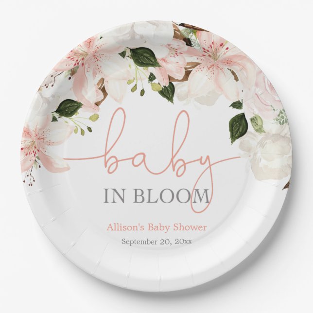 Baby in Bloom pink white floral lilies Paper Plate (Front)