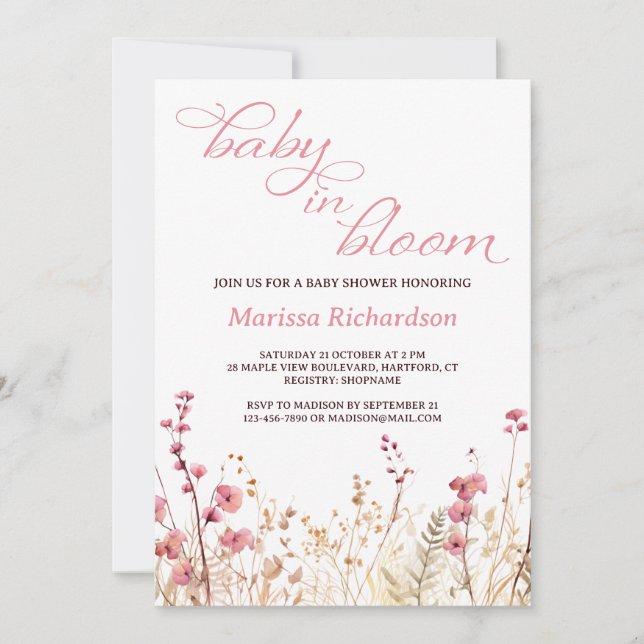 Baby in Bloom Pink Wildflower Girl Baby Shower Invitation (Front)