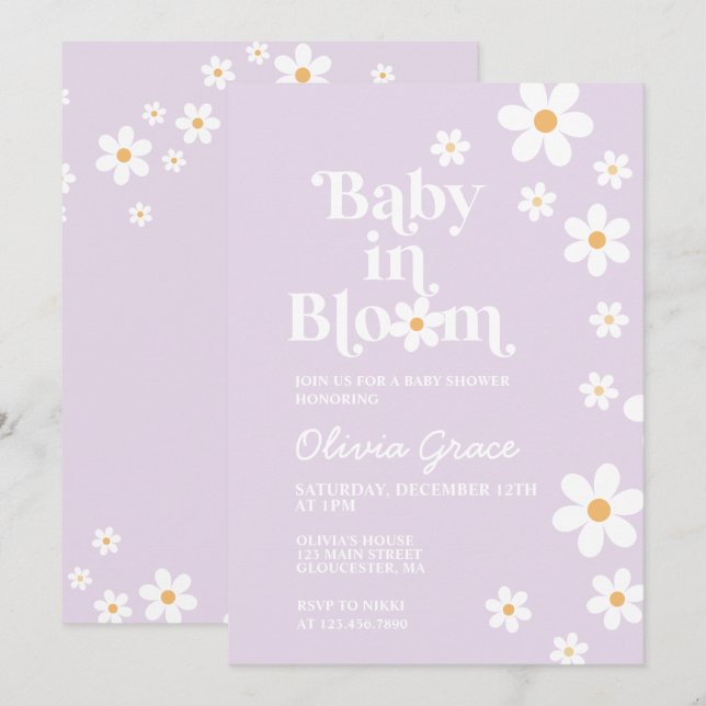 Baby in Bloom purple Daisy Baby Shower Invitation (Front/Back)