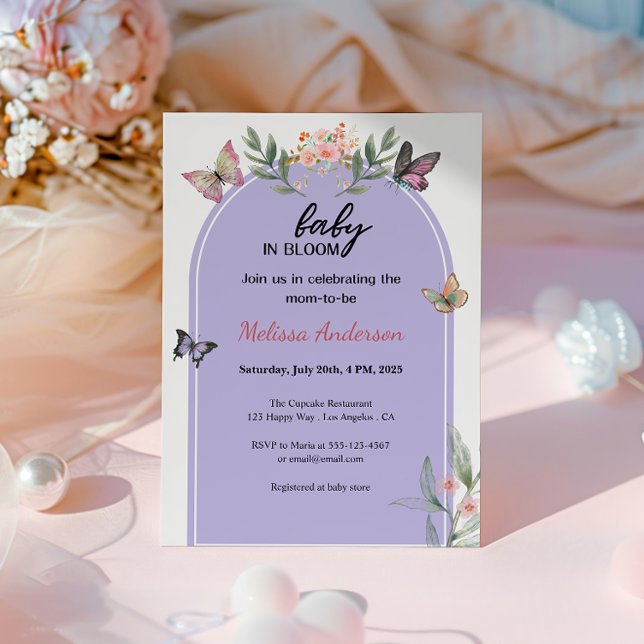 Baby in Bloom Purple Floral Butterfly Baby Shower  Invitation (Creator Uploaded)