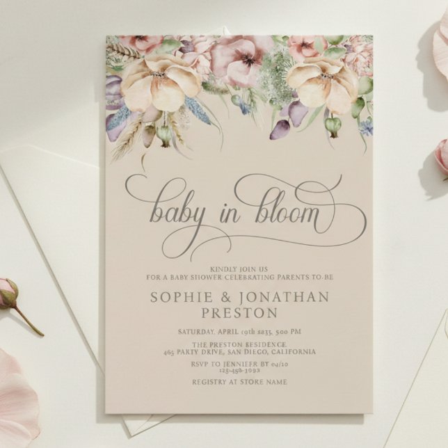 Baby In Bloom QR Beige Wildflower Baby Shower Invitation (Creator Uploaded)