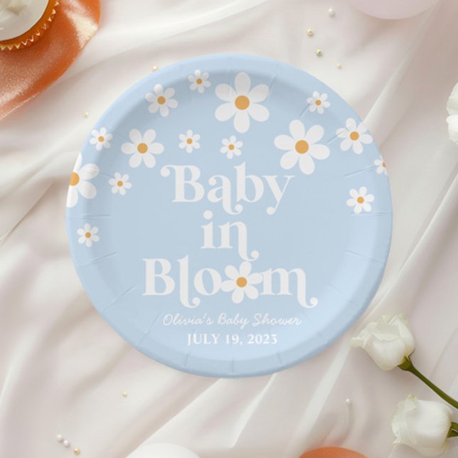 Baby in Bloom! Retro Daisy blue boho Baby Shower Paper Plate (Creator Uploaded)