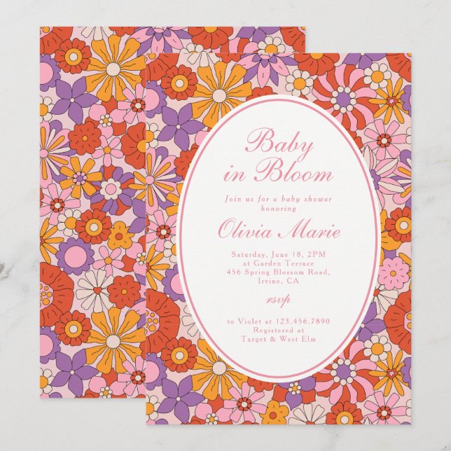 Baby in Bloom Retro Pink Groovy Baby Shower Invitation (Front/Back)