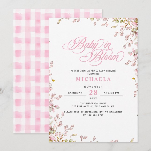 Baby In Bloom Rustic Baby Shower Watercolor Leaves Invitation (Front/Back)