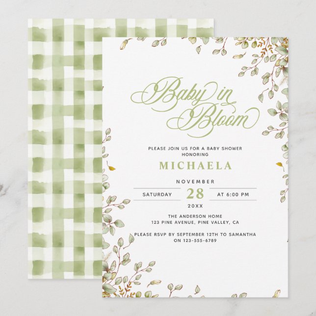Baby In Bloom Rustic Baby Shower Watercolor Leaves Invitation (Front/Back)