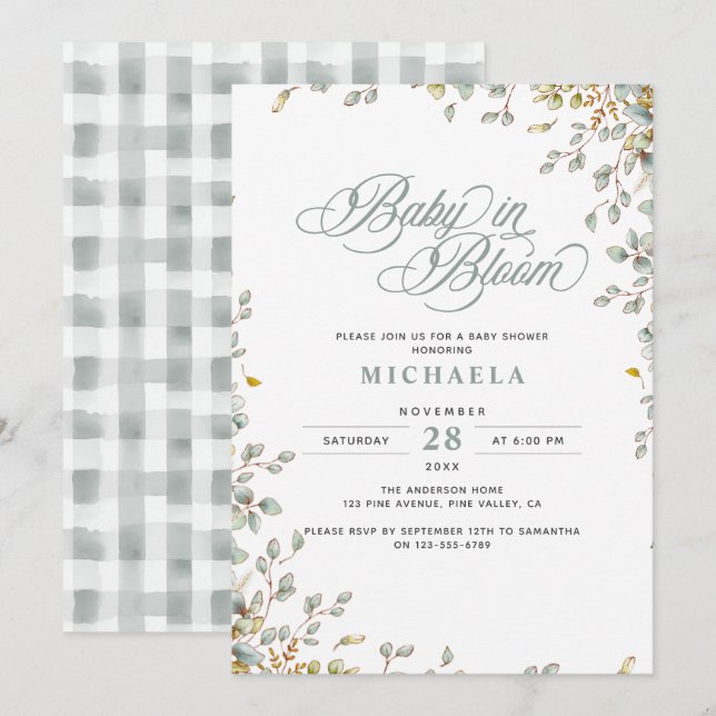 Baby In Bloom Rustic Baby Shower Watercolor Leaves Invitation (Front/Back)