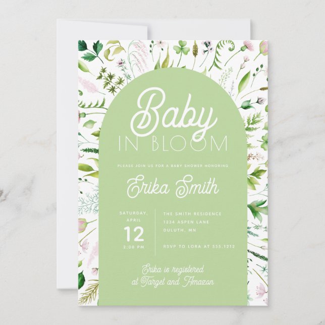 Baby in Bloom Sage Green Baby Shower Invitation (Front)