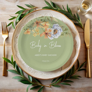 Baby in bloom sage green baby shower printed paper plate