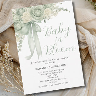 Baby In Bloom Sage Green Floral Baby Shower Invitation