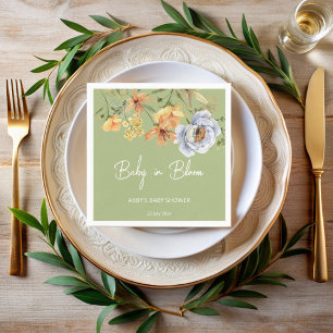 Baby in bloom sage green flowers baby shower napkin