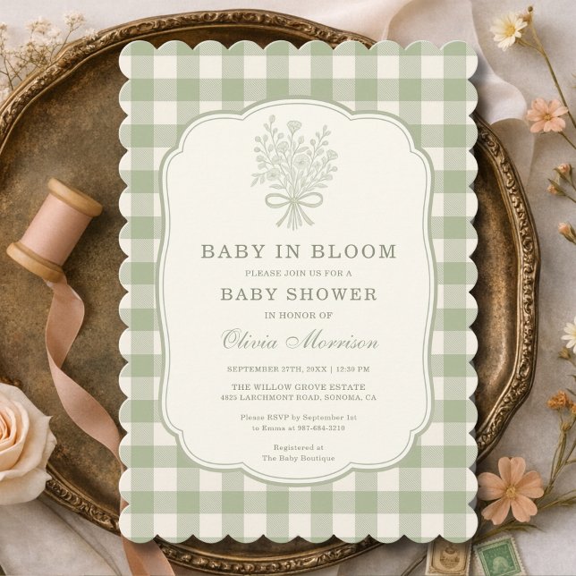 Baby in Bloom Sage Green Gingham Baby Shower Invitation (Creator Uploaded)