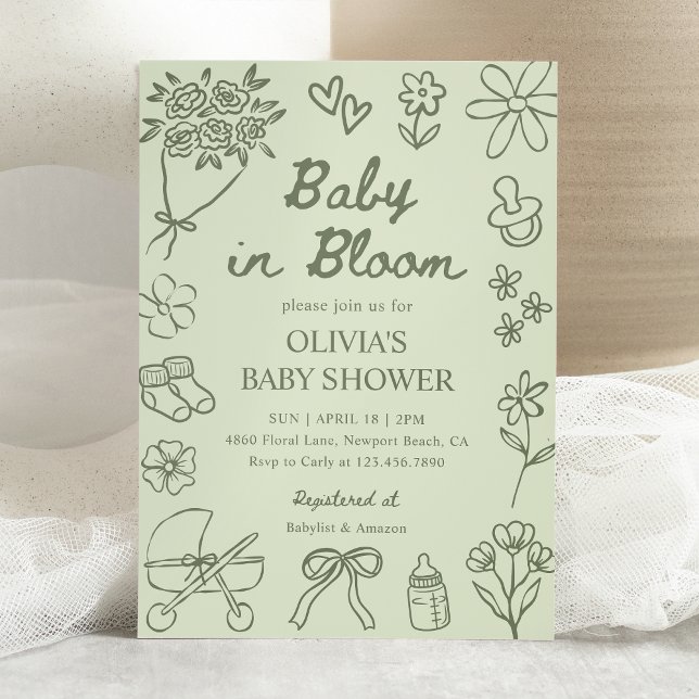 Baby in Bloom Sage Green Hand Drawn Baby Shower Invitation (Creator Uploaded)