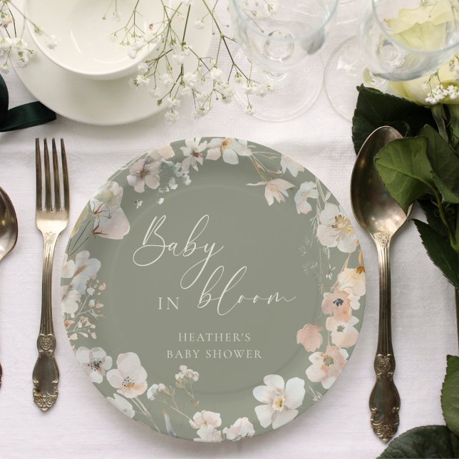 Baby In Bloom Sage Green Wildflower Baby Shower Paper Plate (Creator Uploaded)
