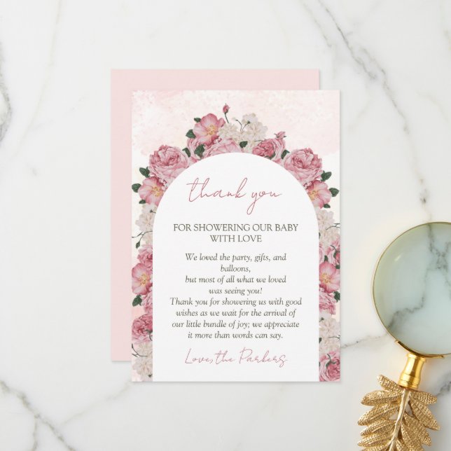 Baby in Bloom Script Pink Floral Baby Girl Shower Thank You Card (Front/Back In Situ)