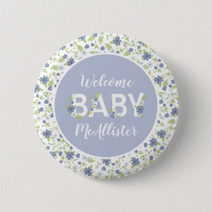 Baby in Bloom Shower Blue Vintage Flowers Boy 6 Cm Round Badge
