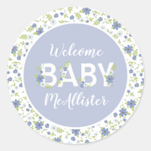 Baby in Bloom Shower Blue Vintage Flowers Boy Classic Round Sticker